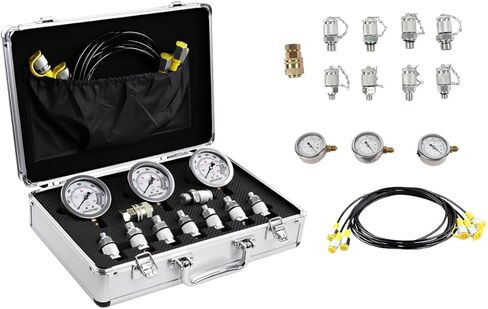 SINOCMP Hydraulic Pressure Gauges Test Kit 4000/6000/10000PSI, 9 Couplings 3 Test Hoses 59 inch, 1 Aluminum Box Diagnosis Tester Set for Excavator Construction Machinery in Saudi Arabia