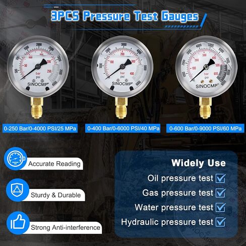 SINOCMP Hydraulic Pressure Gauges Test Kit 4000/6000/10000PSI, 9 Couplings 3 Test Hoses 59 inch, 1 Aluminum Box Diagnosis Tester Set for Excavator Construction Machinery in Saudi Arabia