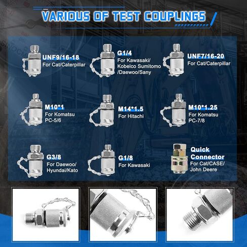 SINOCMP Hydraulic Pressure Gauges Test Kit 4000/6000/10000PSI, 9 Couplings 3 Test Hoses 59 inch, 1 Aluminum Box Diagnosis Tester Set for Excavator Construction Machinery in Saudi Arabia