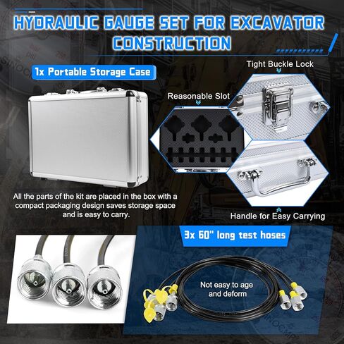 SINOCMP Hydraulic Pressure Gauges Test Kit 4000/6000/10000PSI, 9 Couplings 3 Test Hoses 59 inch, 1 Aluminum Box Diagnosis Tester Set for Excavator Construction Machinery in Saudi Arabia