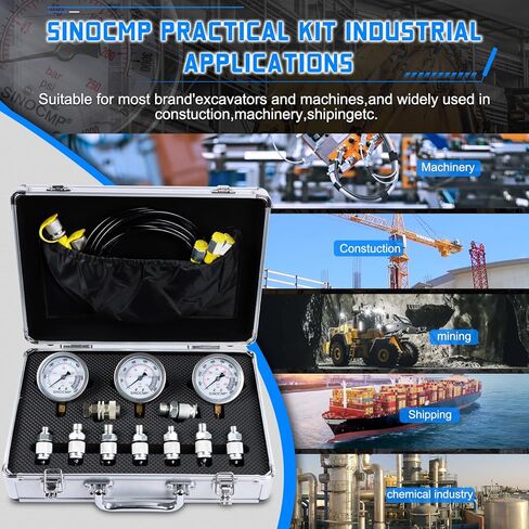 SINOCMP Hydraulic Pressure Gauges Test Kit 4000/6000/10000PSI, 9 Couplings 3 Test Hoses 59 inch, 1 Aluminum Box Diagnosis Tester Set for Excavator Construction Machinery in Saudi Arabia