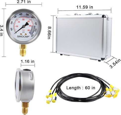 SINOCMP Hydraulic Pressure Gauges Test Kit 4000/6000/10000PSI, 9 Couplings 3 Test Hoses 59 inch, 1 Aluminum Box Diagnosis Tester Set for Excavator Construction Machinery in Saudi Arabia