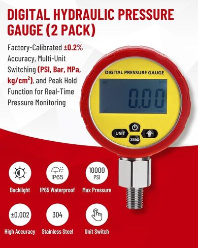مجموعة قياس الضغط الهيدروليكي الرقمي، 10000PSI/700BAR/70Mpa مجموعة تشخيص الكل في واحد مع 2 مقياس ضغط رقمي، 10 وصلات اختبار (G、M、UNF、NPT、ZG)، 2 موصلات سريعة، 2 خرطوم وحقيبة حمل in Kuwait