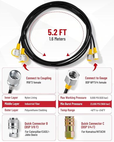 مجموعة قياس الضغط الهيدروليكي الرقمي، 10000PSI/700BAR/70Mpa مجموعة تشخيص الكل في واحد مع 2 مقياس ضغط رقمي، 10 وصلات اختبار (G、M、UNF、NPT、ZG)، 2 موصلات سريعة، 2 خرطوم وحقيبة حمل in Kuwait