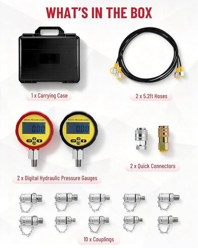 مجموعة قياس الضغط الهيدروليكي الرقمي، 10000PSI/700BAR/70Mpa مجموعة تشخيص الكل في واحد مع 2 مقياس ضغط رقمي، 10 وصلات اختبار (G、M、UNF、NPT、ZG)، 2 موصلات سريعة، 2 خرطوم وحقيبة حمل in Kuwait