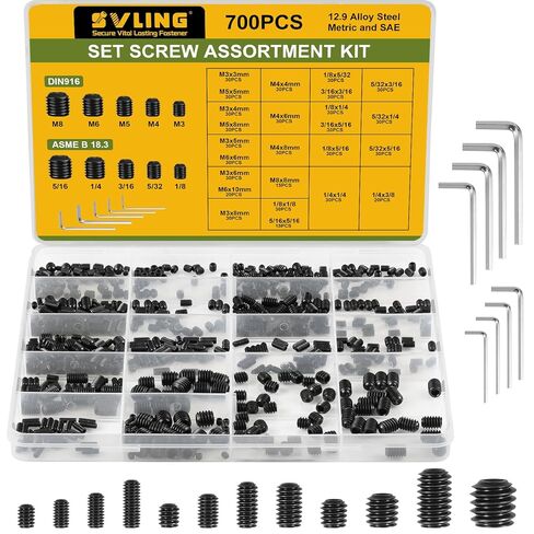 Set Screw Assortment Kit 700PCS, 25 Sizes Metric and SAE Set Screws M3 M4 M5 M6 M8 1/8" 5/32" 3/16" 1/4" 5/16" Socket Screw Kit 12.9 Alloy Steel for Bathroom Fixtures Door Handles in Kuwait