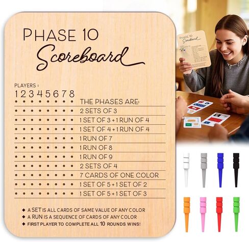 Phase 10 Score Board, Wooden Scoreboard for Phase 10 Card Game with 8 Colored Cribbage Pegs, Fun Board Card Games Accessories for Adults, Families, Parties & Travel in Kuwait