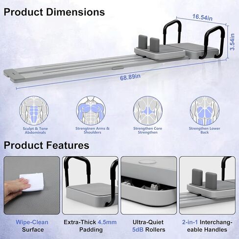 بيلاتيس ريفورمر - لوح بيلاتيس مع مسار ممتد 66.9 بوصة، آلة تزلج بيلاتيس للبطن محمولة متعددة الوظائف لمعدات التمارين المنزلية، آلة بيلاتيس in Kuwait