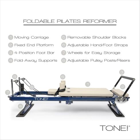 Tone Fitness قابلة للطي بيلاتيس ريفورمر - آلة بيلاتيس محمولة مع أشرطة مقاومة قابلة للتعديل، عربة انزلاقية سلسة ومعدات تمرين بيلاتيس لكامل الجسم في المنزل in Kuwait