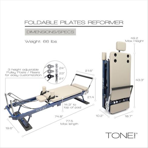 Tone Fitness قابلة للطي بيلاتيس ريفورمر - آلة بيلاتيس محمولة مع أشرطة مقاومة قابلة للتعديل، عربة انزلاقية سلسة ومعدات تمرين بيلاتيس لكامل الجسم في المنزل in Kuwait