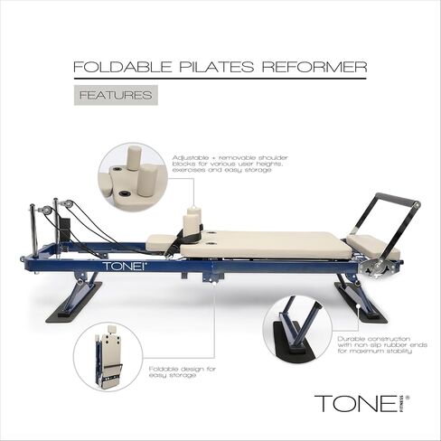 Tone Fitness قابلة للطي بيلاتيس ريفورمر - آلة بيلاتيس محمولة مع أشرطة مقاومة قابلة للتعديل، عربة انزلاقية سلسة ومعدات تمرين بيلاتيس لكامل الجسم في المنزل in Kuwait