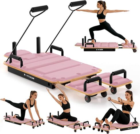 Pilates Board Reformer for Home Workout, Reformer Board, Glide Board, Sliding Rails, Maple Wood Deck & High-Strength Steel Rails, Adjustable Resistance Bands, PU Wheels, Quick Assembly in Saudi Arabia