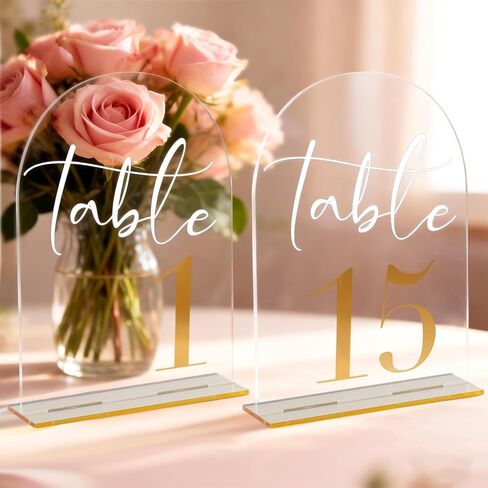 Arch Wedding Numbers 1–20 with Stands – Clear Acrylic Signs with Gold Text, Double-Sided 7x5 inch for Wedding Receptions, Parties, Anniversaries, Events in Saudi Arabia