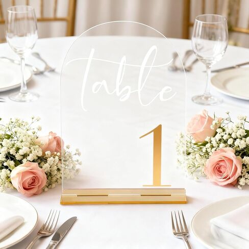 Arch Wedding Numbers 1–20 with Stands – Clear Acrylic Signs with Gold Text, Double-Sided 7x5 inch for Wedding Receptions, Parties, Anniversaries, Events in Saudi Arabia