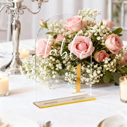 Arch Wedding Numbers 1–20 with Stands – Clear Acrylic Signs with Gold Text, Double-Sided 7x5 inch for Wedding Receptions, Parties, Anniversaries, Events in Saudi Arabia