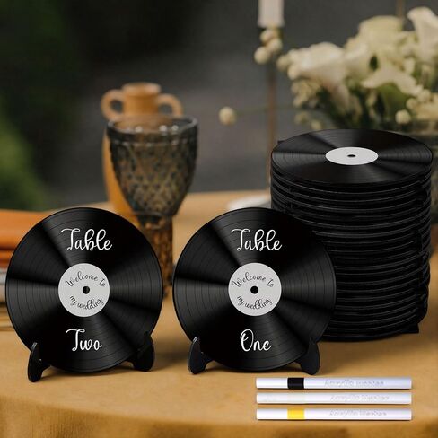 Novabright 20 Pcs Vinyl Record Wood Wedding Table Numbers with Easel Stand Retro Music Wedding Party Decorations for Reception DIY Doodle Fake Records Table Signs with 3 Markers for Souvenir Gifts in Kuwait