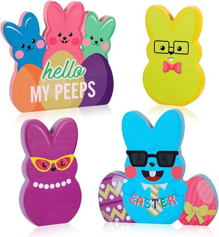 HOWAF Easter Wooden Bunny Decorations - 4PCS Colorful Peeps Bunny Signs, Freestanding Wood Table Decor for Tiered Tray, Mantel, Home, Spring Easter Party Supplies & Basket Stuffers in Saudi Arabia
