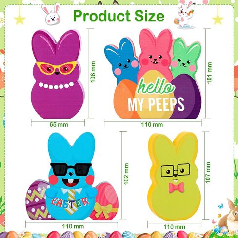 HOWAF Easter Wooden Bunny Decorations - 4PCS Colorful Peeps Bunny Signs, Freestanding Wood Table Decor for Tiered Tray, Mantel, Home, Spring Easter Party Supplies & Basket Stuffers in Saudi Arabia