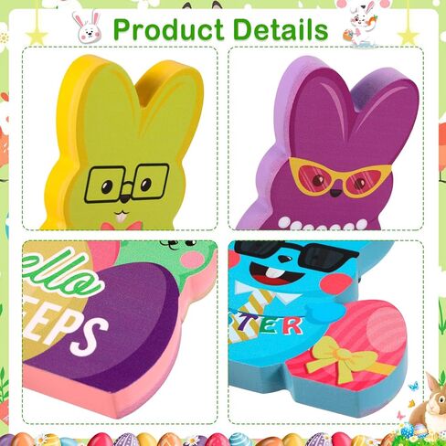 HOWAF Easter Wooden Bunny Decorations - 4PCS Colorful Peeps Bunny Signs, Freestanding Wood Table Decor for Tiered Tray, Mantel, Home, Spring Easter Party Supplies & Basket Stuffers in Saudi Arabia
