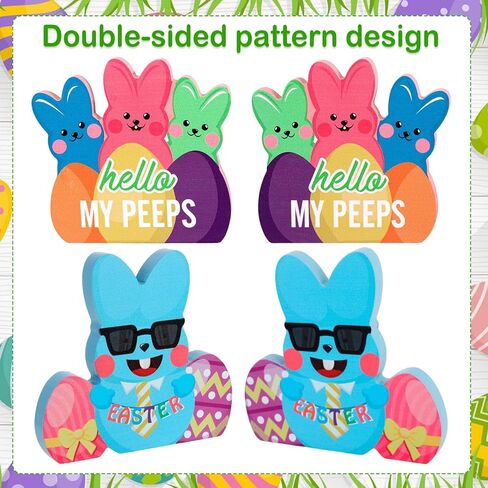 HOWAF Easter Wooden Bunny Decorations - 4PCS Colorful Peeps Bunny Signs, Freestanding Wood Table Decor for Tiered Tray, Mantel, Home, Spring Easter Party Supplies & Basket Stuffers in Saudi Arabia