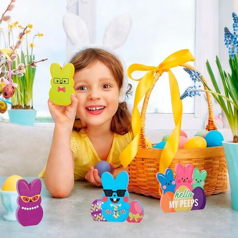 HOWAF Easter Wooden Bunny Decorations - 4PCS Colorful Peeps Bunny Signs, Freestanding Wood Table Decor for Tiered Tray, Mantel, Home, Spring Easter Party Supplies & Basket Stuffers in Saudi Arabia