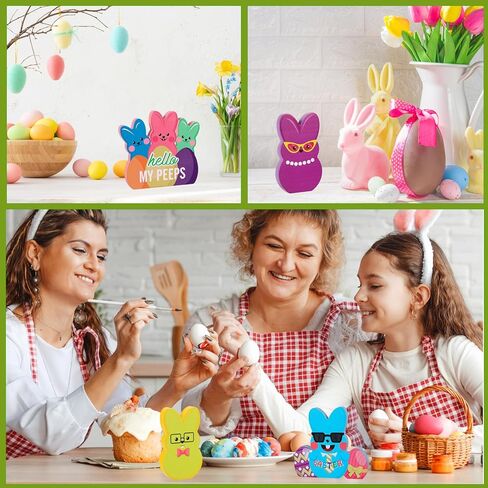 HOWAF Easter Wooden Bunny Decorations - 4PCS Colorful Peeps Bunny Signs, Freestanding Wood Table Decor for Tiered Tray, Mantel, Home, Spring Easter Party Supplies & Basket Stuffers in Saudi Arabia