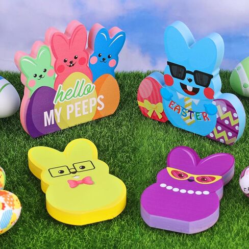 HOWAF Easter Wooden Bunny Decorations - 4PCS Colorful Peeps Bunny Signs, Freestanding Wood Table Decor for Tiered Tray, Mantel, Home, Spring Easter Party Supplies & Basket Stuffers in Saudi Arabia