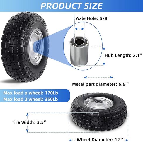 12'' Flat Free Tires Rubber Replacement Solid Tire and Wheel Assemblies for Hand Trucks Garden Cart Wheelbarrow - 3.5"Wide Polyurethane Tires 2.1 Hub with 5/8 Inch Axle Borehole Silver in Saudi Arabia