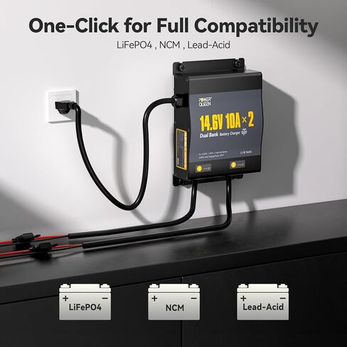 Power Queen 2 Bank Marine Battery Charger 20A (10A/Bank),Dual Smart Battery Charger, 12V LiFePO4 Batteries Charger Waterproof with LED Indicator for RV, Boat,Trolling Motor,Lithium & Lead Acid Battery in Kuwait