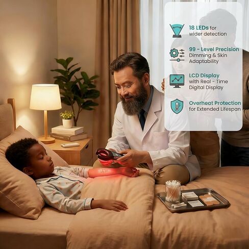 مكتشف الأوردة للوصول إلى الوريد - عارض الأوردة المحمول LED مع سطوع قابل للتعديل، شاشة رقمية - مناسب لجميع ألوان البشرة والممرضات والعيادات والاستخدام المنزلي (أسود) in Kuwait