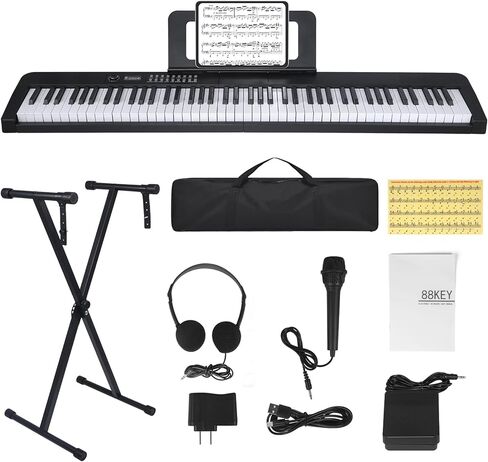 88 Key Piano Keyboard, Electric Digital Piano with Semi Weighted Keys, Keyboard Piano with Sustain Pedal, Power Supply, Stand, Carrying Case, Headphones, USB-MIDI Compatibility, for Beginner Adults in Kuwait
