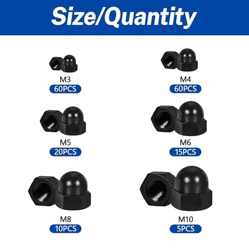 Hex Acorn Cap Nuts Assortment Kit, 170 Pieces, 6 Sizes (M3/M4/M5/M6/M8/M10), Nylon Bolt Cover Caps for Indoor and Outdoor Protection in Saudi Arabia