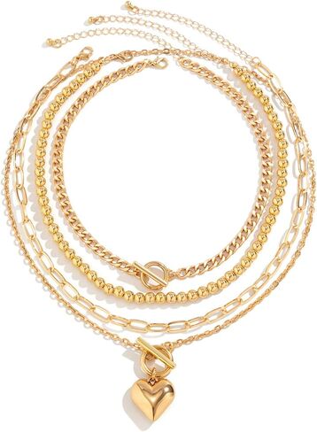 Gold Layered Choker Necklace for Women Heart Pendant Stack Layered Cuban Paperclip Snake Chain Necklace Trendy Retro Coin Dainty Pendant Gothic Black Necklace Toggle Clasp Necklace for 4Pcs in Kuwait
