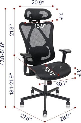 Mesh Office Chair,Ergonomic Office Chairs with Wheels,Adjustable Lumbar Support,Armrest,Headrest-Tilt High Back Desk Chair with Mute Wheel for Office, Home, Gaming in Saudi Arabia