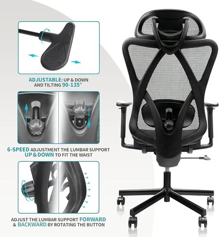 Mesh Office Chair,Ergonomic Office Chairs with Wheels,Adjustable Lumbar Support,Armrest,Headrest-Tilt High Back Desk Chair with Mute Wheel for Office, Home, Gaming in Saudi Arabia