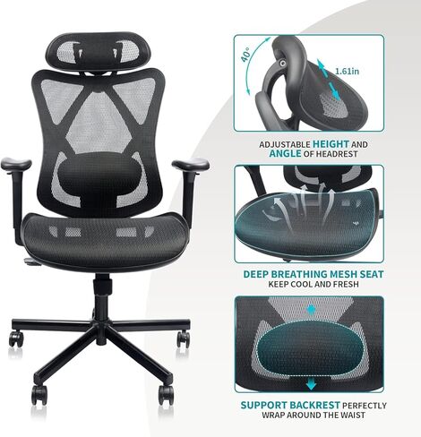 Mesh Office Chair,Ergonomic Office Chairs with Wheels,Adjustable Lumbar Support,Armrest,Headrest-Tilt High Back Desk Chair with Mute Wheel for Office, Home, Gaming in Saudi Arabia