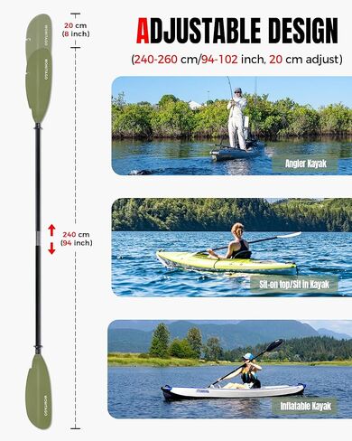 Angler Kayak Paddle with Fiberglass Shaft and Plastic Blade, Floating Adjustable Fihsing Kayak Oar, 220-240 cm/86-94", 240-260 cm/94-102", 260-280 cm/102-110" in Kuwait