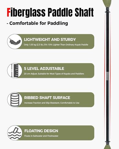 Angler Kayak Paddle with Fiberglass Shaft and Plastic Blade, Floating Adjustable Fihsing Kayak Oar, 220-240 cm/86-94", 240-260 cm/94-102", 260-280 cm/102-110" in Kuwait