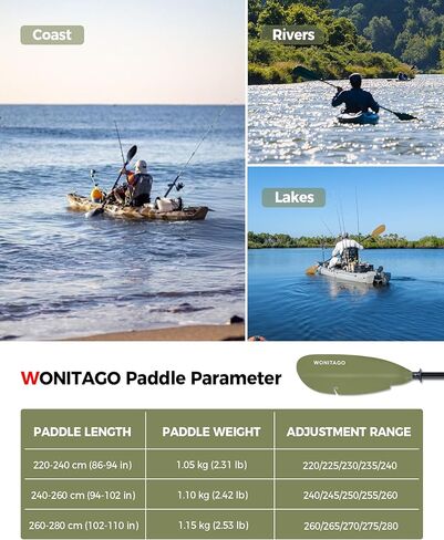 Angler Kayak Paddle with Fiberglass Shaft and Plastic Blade, Floating Adjustable Fihsing Kayak Oar, 220-240 cm/86-94", 240-260 cm/94-102", 260-280 cm/102-110" in Kuwait