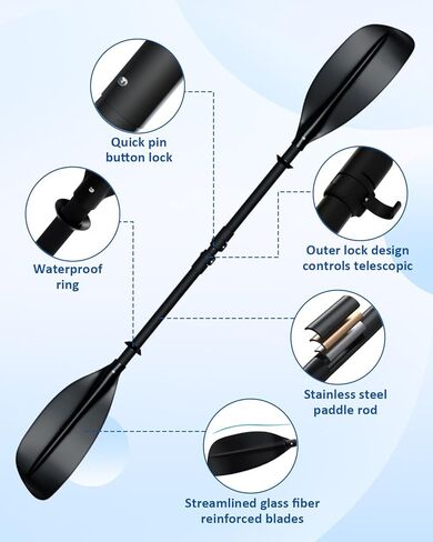 مجداف كاياك قابل للتعديل مقاس 62-87 بوصة مجداف كاياك من الفولاذ المقاوم للصدأ وشفرات من الألياف الزجاجية غير قابلة للانزلاق ومقبض كاياك مجذاف للشباب والكبار مع حقيبة حمل in Kuwait