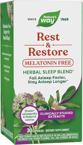Nature’s Way Rest & Restore، مكمل نوم خالٍ من الميلاتونين*، مع أشواغاندا، نبات الناردين، نباتي، 30 كبسولة in Saudi Arabia