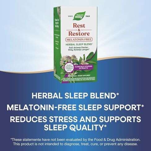 Nature’s Way Rest & Restore، مكمل نوم خالٍ من الميلاتونين*، مع أشواغاندا، نبات الناردين، نباتي، 30 كبسولة in Saudi Arabia