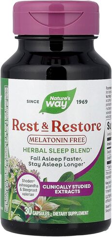 Nature’s Way Rest & Restore، مكمل نوم خالٍ من الميلاتونين*، مع أشواغاندا، نبات الناردين، نباتي، 30 كبسولة in Saudi Arabia