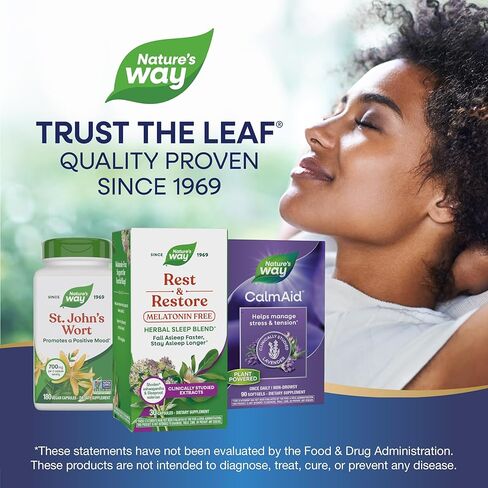 Nature’s Way Rest & Restore، مكمل نوم خالٍ من الميلاتونين*، مع أشواغاندا، نبات الناردين، نباتي، 30 كبسولة in Saudi Arabia