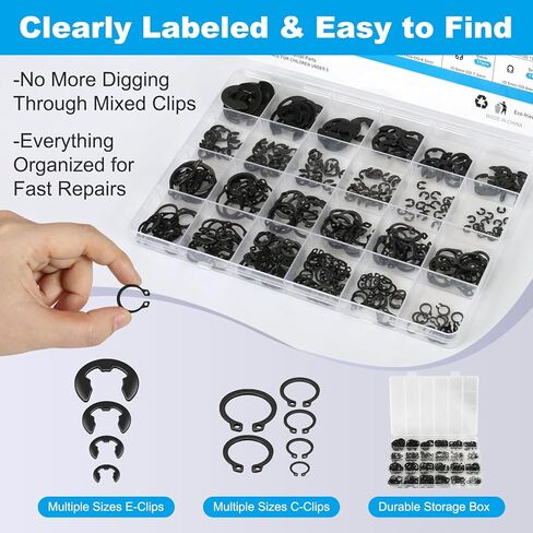 مجموعة متنوعة من 324 قطعة من المشابك C وE، 24 مقاسًا لمشبك C 5 مم - 16 مم ومشبك E 2 مم - 12 مم، حلقات تثبيت خارجية من الفولاذ الكربوني الأسود تحتفظ بحلقات للأعمدة والمحامل والآلات وإصلاح السيارات in Kuwait