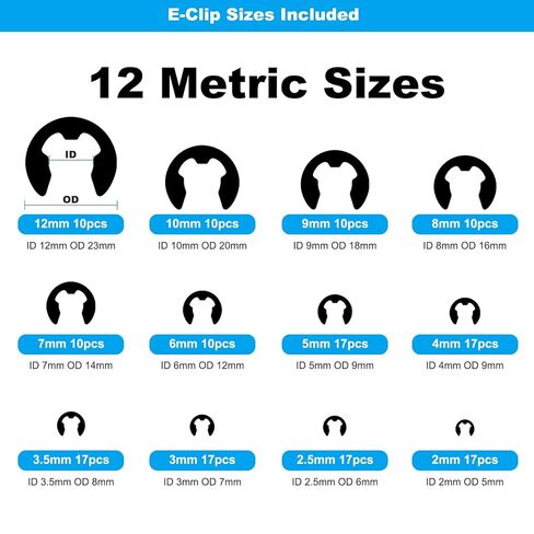 مجموعة متنوعة من 324 قطعة من المشابك C وE، 24 مقاسًا لمشبك C 5 مم - 16 مم ومشبك E 2 مم - 12 مم، حلقات تثبيت خارجية من الفولاذ الكربوني الأسود تحتفظ بحلقات للأعمدة والمحامل والآلات وإصلاح السيارات in Kuwait
