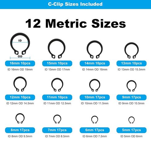 مجموعة متنوعة من 324 قطعة من المشابك C وE، 24 مقاسًا لمشبك C 5 مم - 16 مم ومشبك E 2 مم - 12 مم، حلقات تثبيت خارجية من الفولاذ الكربوني الأسود تحتفظ بحلقات للأعمدة والمحامل والآلات وإصلاح السيارات in Kuwait