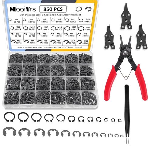 مجموعة متنوعة من حلقات التثبيت الخارجية بمشبك C مكونة من 850 قطعة (M3-M14) ومجموعة متنوعة من المشبك E (M1.2-M10)، 5 قطع زرادية حلقية، ملقط، 24 مقاسًا 304 مشبك تثبيت من الفولاذ المقاوم للصدأ in Kuwait
