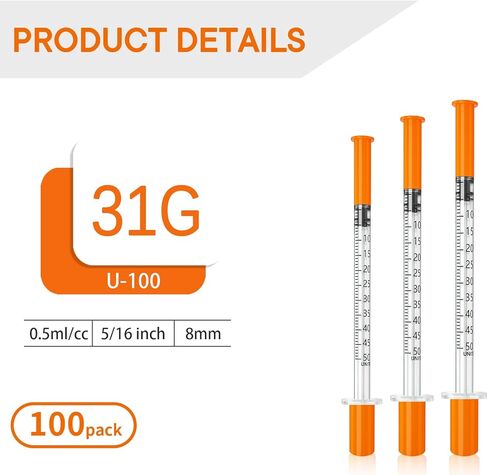 jeringas con agujas para inyectar, 0.5mL 31G 5/16" (8mm) jeringas de insulina, Individually Wrapped, 100 Pack in Kuwait
