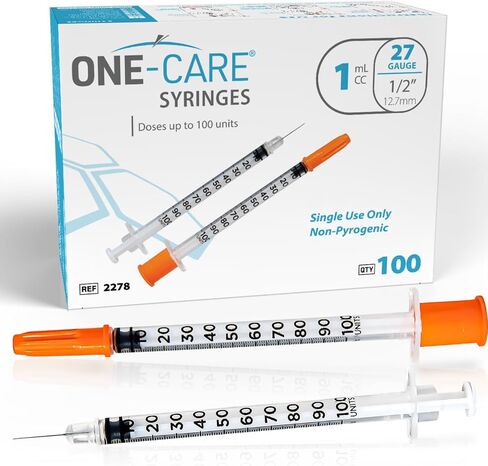 ONE-CARE Syringes 1ml/cc, 27G x 1/2"(12.7mm), Orange Cap, 100/bx in Kuwait